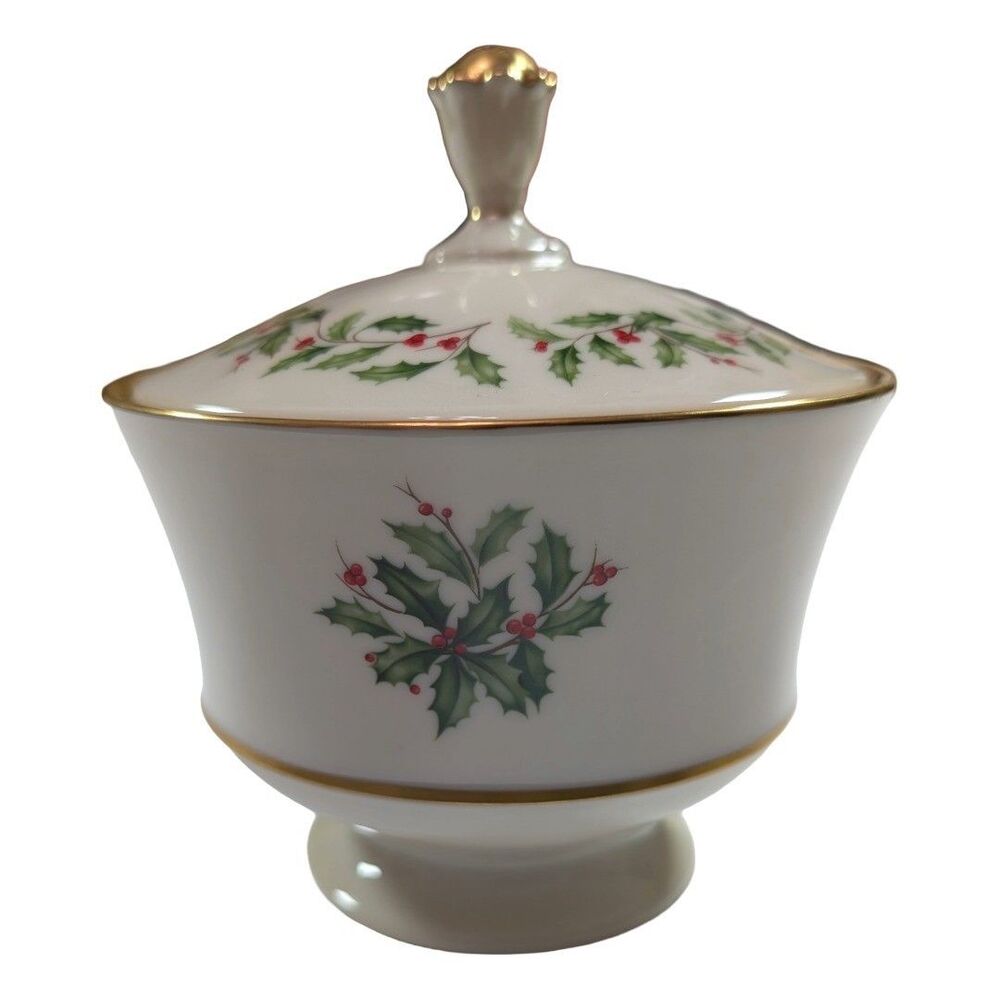 Lenox China Christmas Holiday Holly Berry Covered Footed Candy Dish Jar 24k Gold